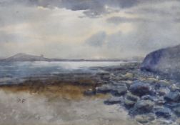 William Percy French (Irish, 1854-1920) Beach scene with headland beyondwatercolourinitialled in