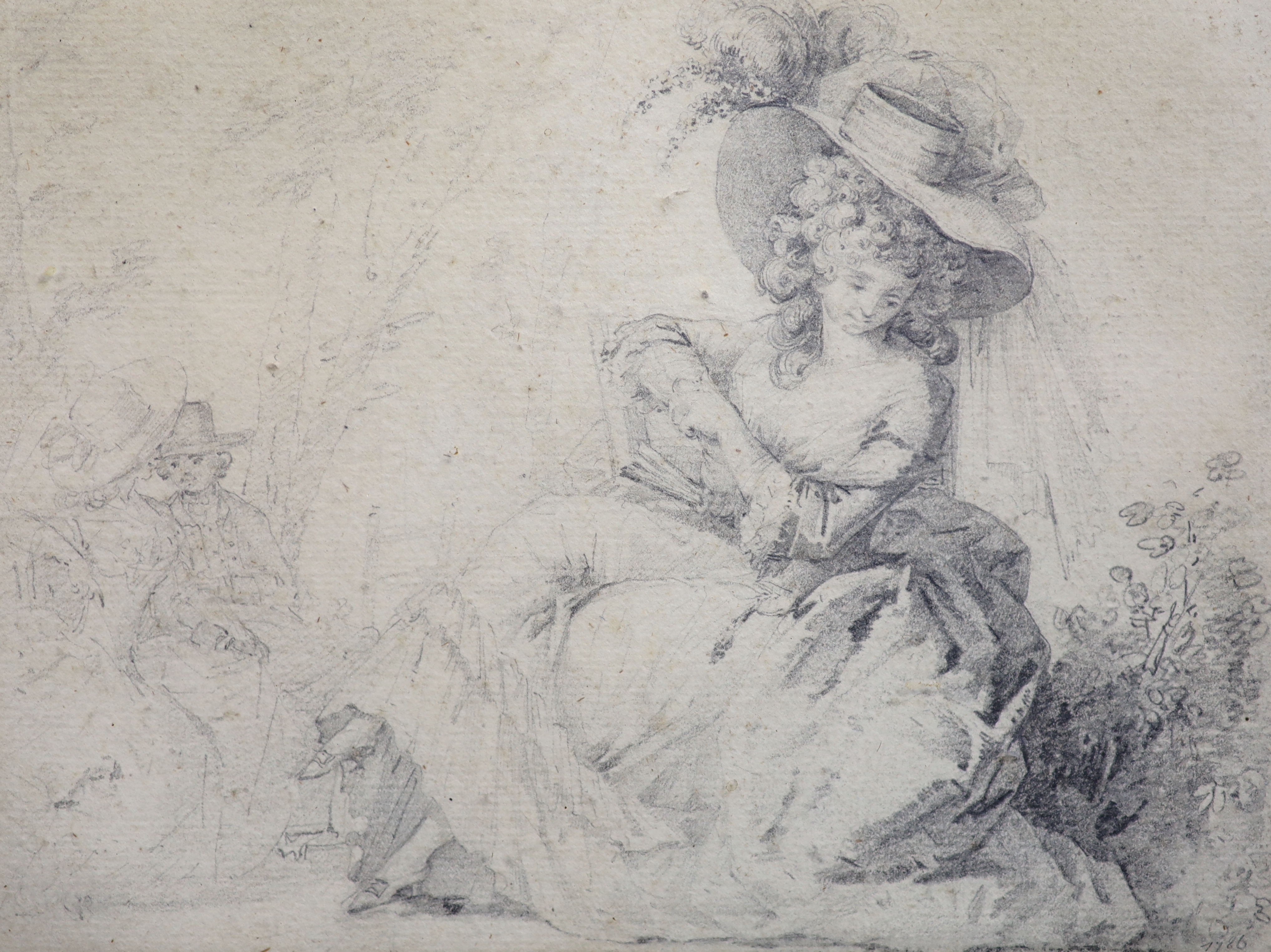 Alexandre Moitte (French, 1750-1828) A lady seated in parkland, further figures beyondpencil on