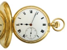 A George V 18ct gold hunter keyless pocket watch, by L. Mumford, London, the case front and back