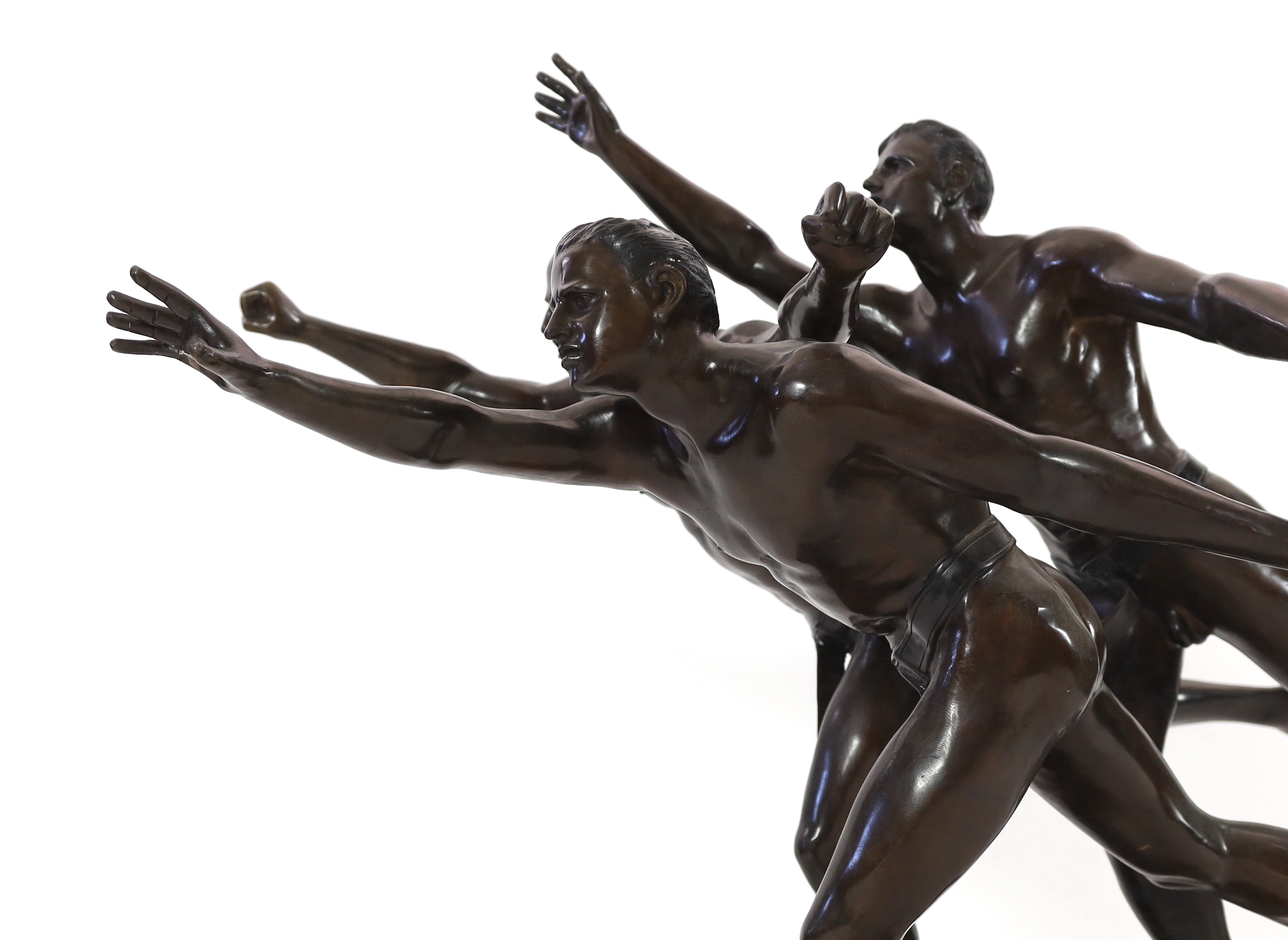 After Alfred Boucher (French, 1850-1934). A large bronze group of three runners at the finishing - Bild 3 aus 7