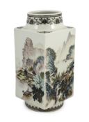 A Chinese enamelled porcelain ‘cong’ vase, mid 20th century, Jingdezhen mark, finely painted with
