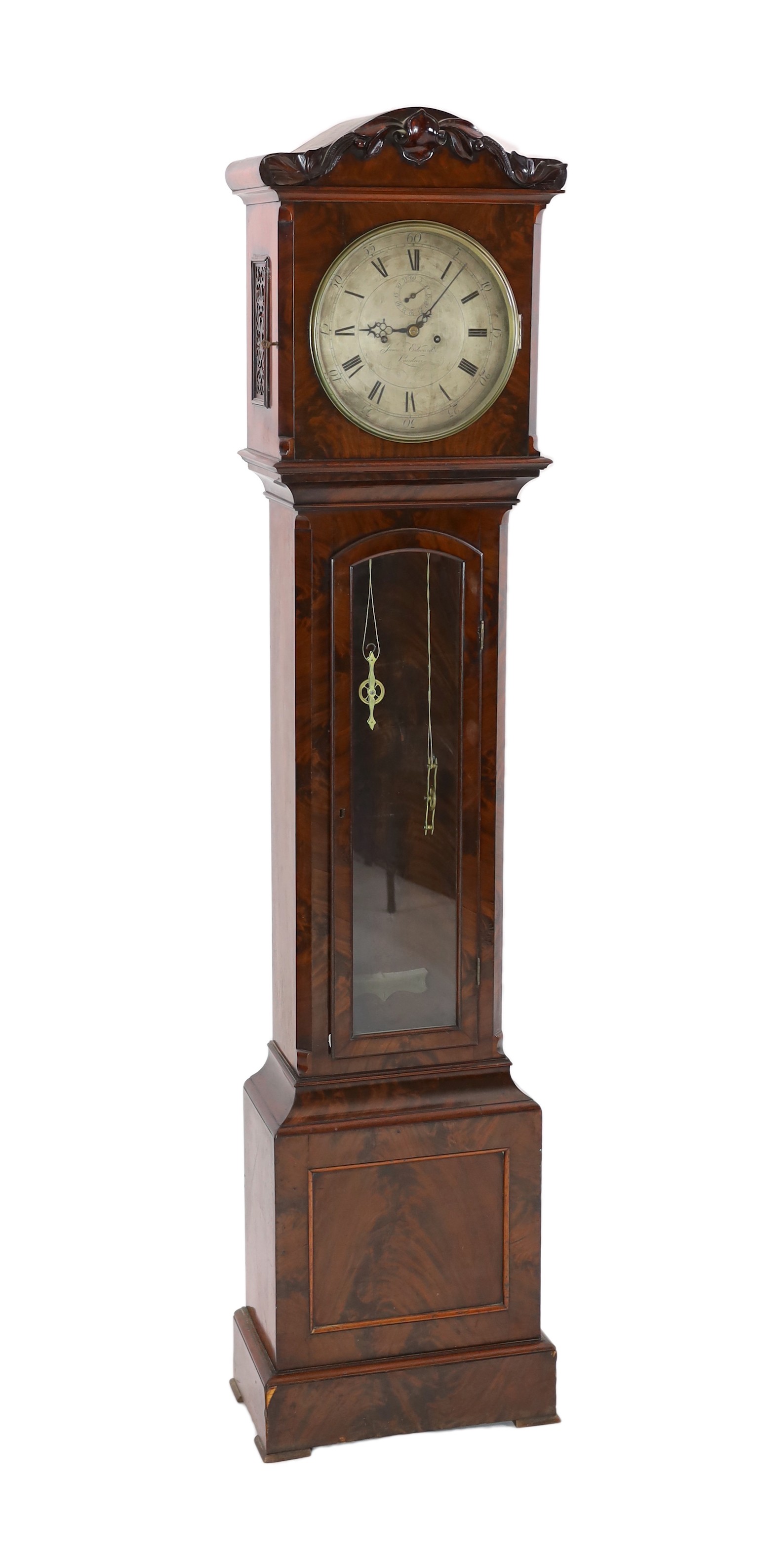 James Edwards of London. An early Victorian flame mahogany cased regulator, with silvered dial,
