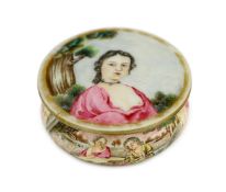 A Chinese famille rose European erotic subject snuff box and cover, Qianlong period, the flat