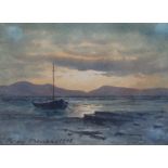 William Percy French (Irish, 1854-1920) Moored boat at sunsetwatercoloursigned in ink and dated
