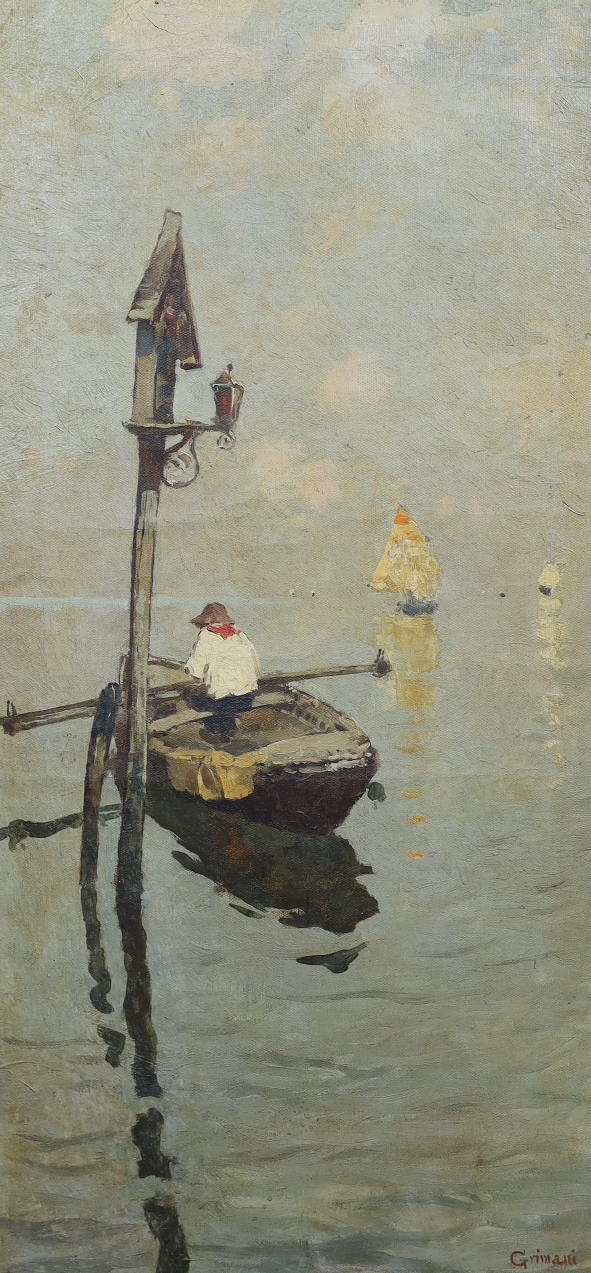 Guido Grimani (Italian, 1871-1933) Fishing boats off Veniceoil on canvassigned78 x 37cm***