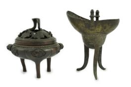 A Chinese bronze and copper alloy tripod censer and cover and a Chinese archaistic bronze tripod