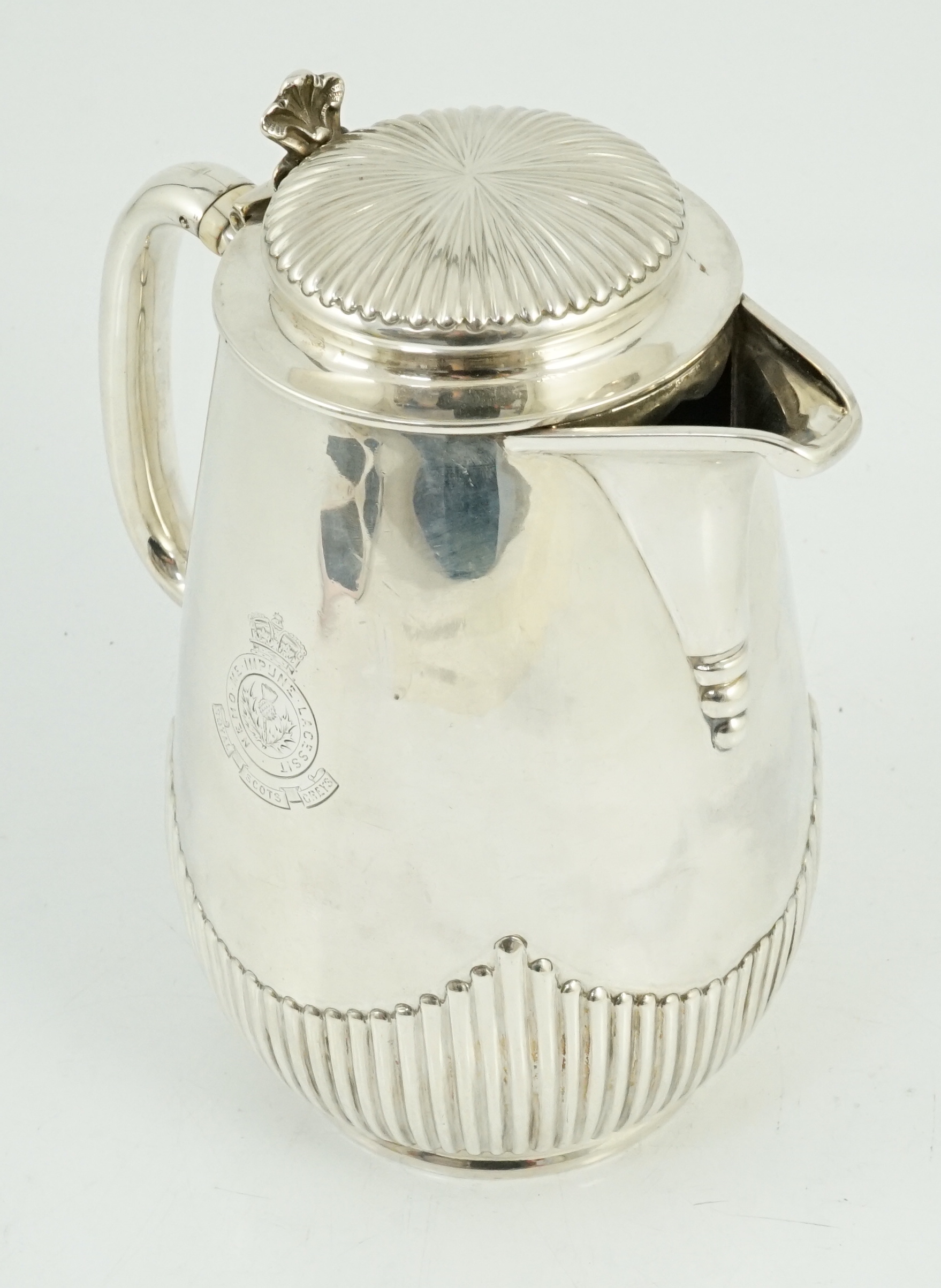 The Royal Scots Greys. A Victorian Scottish silver hotwater pot, Hamilton & Inches, Edinburgh, 1882, - Image 5 of 8