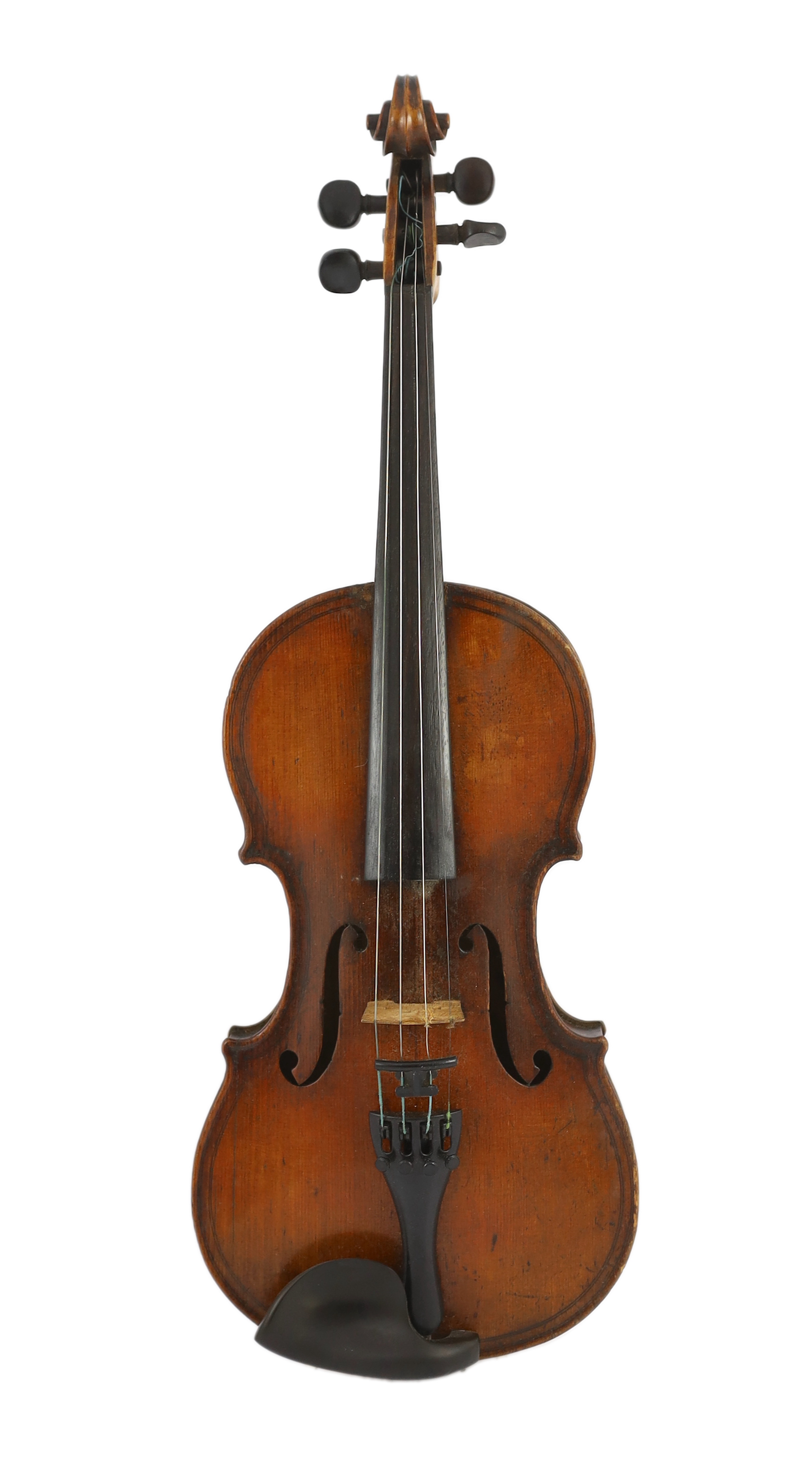 An 18th century violin, labelled ‘New Back by James Carroll, Maker, Manchester 1899’, with slight