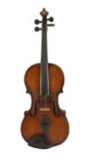 An 18th century violin, labelled ‘New Back by James Carroll, Maker, Manchester 1899’, with slight