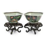 A pair of Chinese famille noire square bowls, late 19th century, painted to each side with panels of