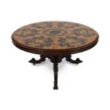 A Victorian and later marquetry inlaid walnut and rosewood breakfast table, with circular tilt