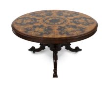 A Victorian and later marquetry inlaid walnut and rosewood breakfast table, with circular tilt