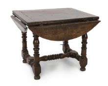 A late 17th century Spanish walnut dining table, the rectangular top with four demi-lune flaps on