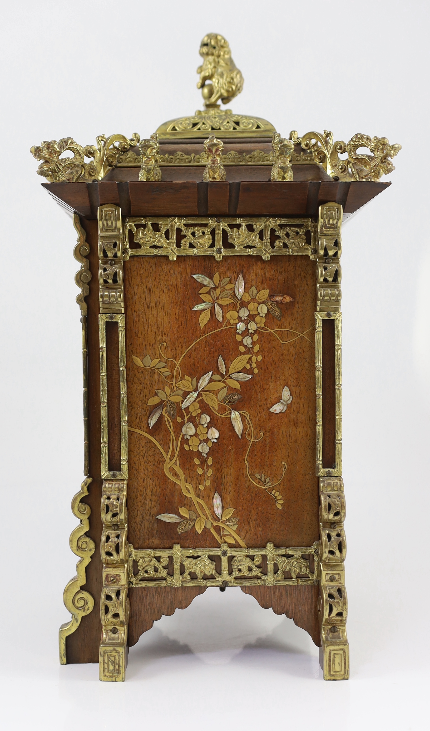A late 19th century French ormolu mounted mahogany and shibayama style mantel clock, in the Japanese - Image 4 of 6