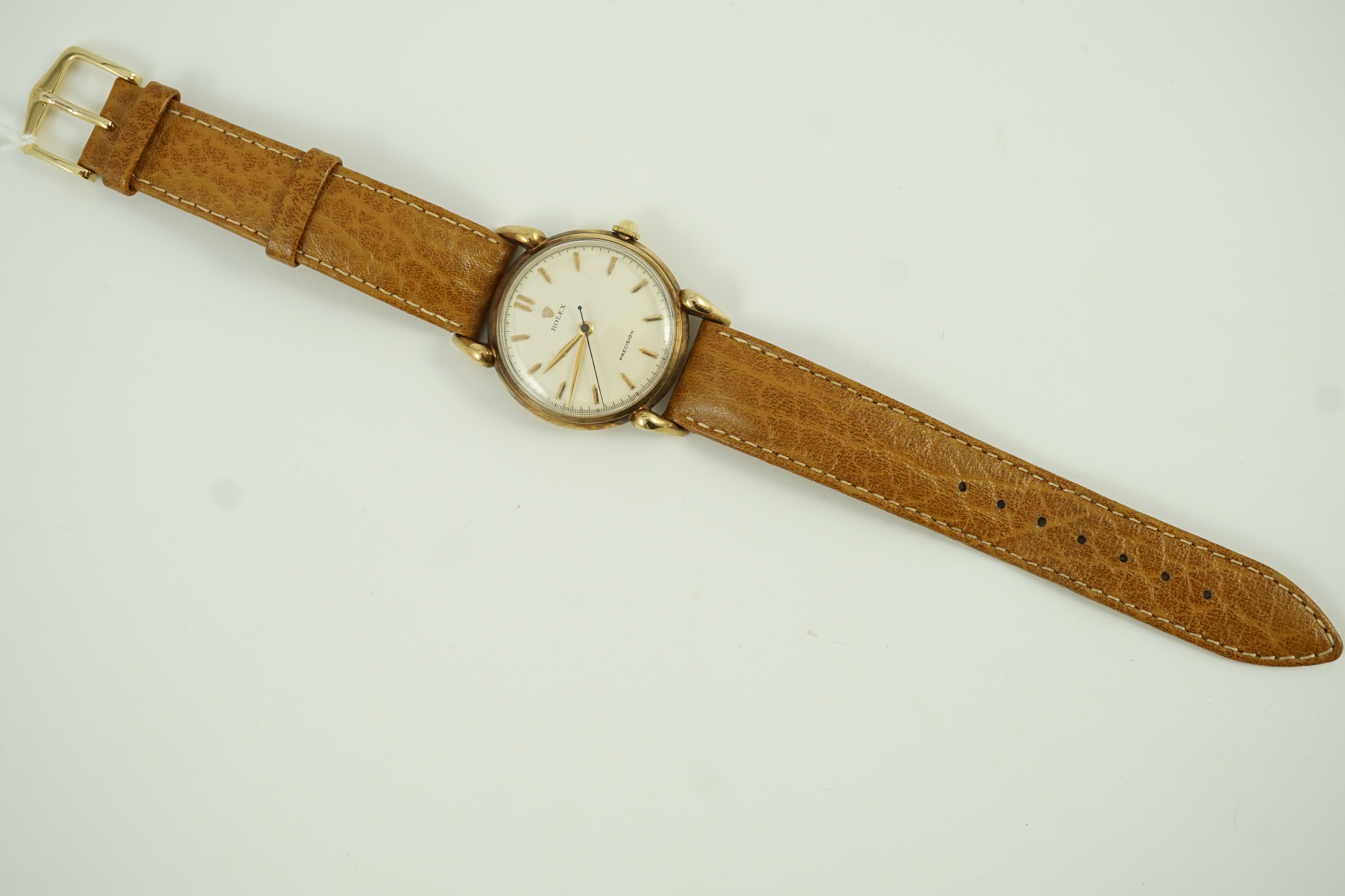 A gentleman's 1950's 9ct gold Rolex Precision manual wind wrist watch, with baton numerals and - Image 2 of 3