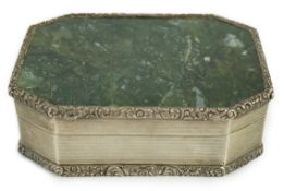 An early Victorian engine turned silver and inset moss agate box and cover, by Sampson Mordan I,