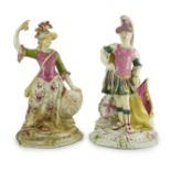 A pair of large Derby porcelain figures of Minerva and Mars, c.1760, decorated in bright puce,