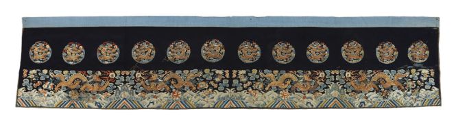 A Chinese embroidered silk 'dragon' table frontal, 19th century, woven in coloured silks and metal