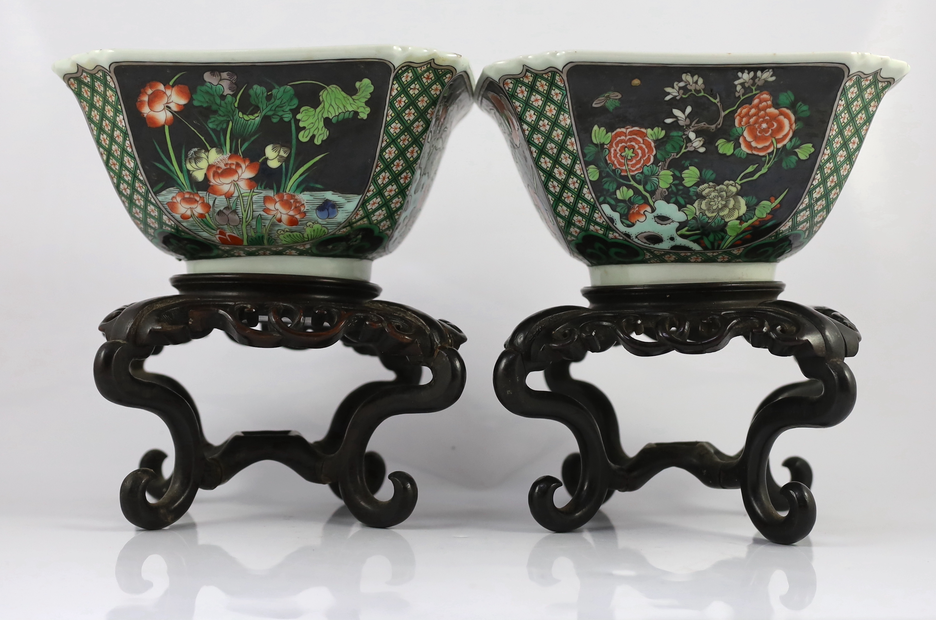 A pair of Chinese famille noire square bowls, late 19th century, painted to each side with panels of - Image 2 of 8