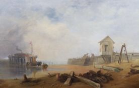 James Baker Pyne (British, 1800-1870) Beach scene with fisherfolk around a jettyoil on