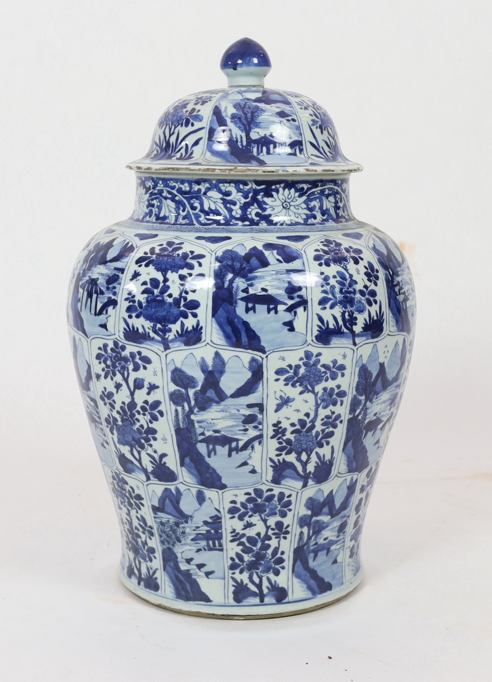 A massive Chinese blue and white jar and cover, Kangxi period, painted with alternating landscape - Image 2 of 5