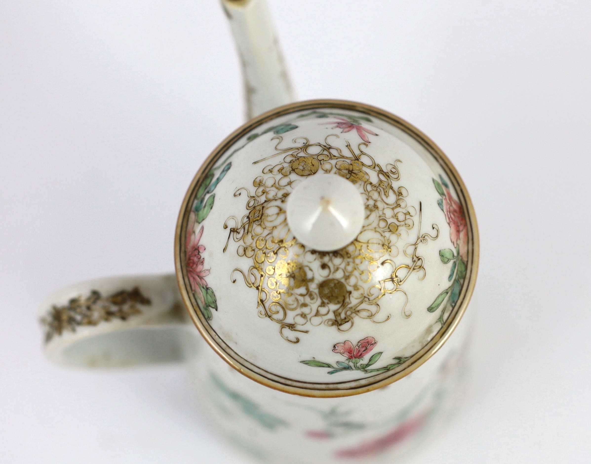 A Chinese export famille rose fencai chocolate pot and cover, Yongzheng period, of tapering - Image 4 of 6