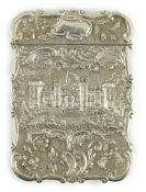 An early Victorian silver 'castle top' card case by Nathaniel Mills, depicting Windsor and Warwick