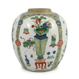 A Chinese famille verte 'Hundred Antiques' ovoid jar, Kangxi period, painted with alternating panels