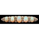 An early 20th century gold, diamond and oval white opal cluster set clip bar brooch, 47mm, gross