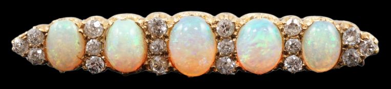 An early 20th century gold, diamond and oval white opal cluster set clip bar brooch, 47mm, gross