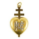 A Victorian gold heart shaped mourning pendant locket, with enamelled monogram, with engraved