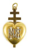 A Victorian gold heart shaped mourning pendant locket, with enamelled monogram, with engraved