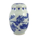 A good Chinese Transitional blue and white ‘qilin and phoenix’ jar and cover, lianzi guan, Chongzhen
