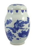 A good Chinese Transitional blue and white ‘qilin and phoenix’ jar and cover, lianzi guan, Chongzhen