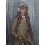 English School c.1900 Three quarter length portrait of a young woman in riding attireoil on canvas98