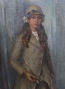 English School c.1900 Three quarter length portrait of a young woman in riding attireoil on canvas98