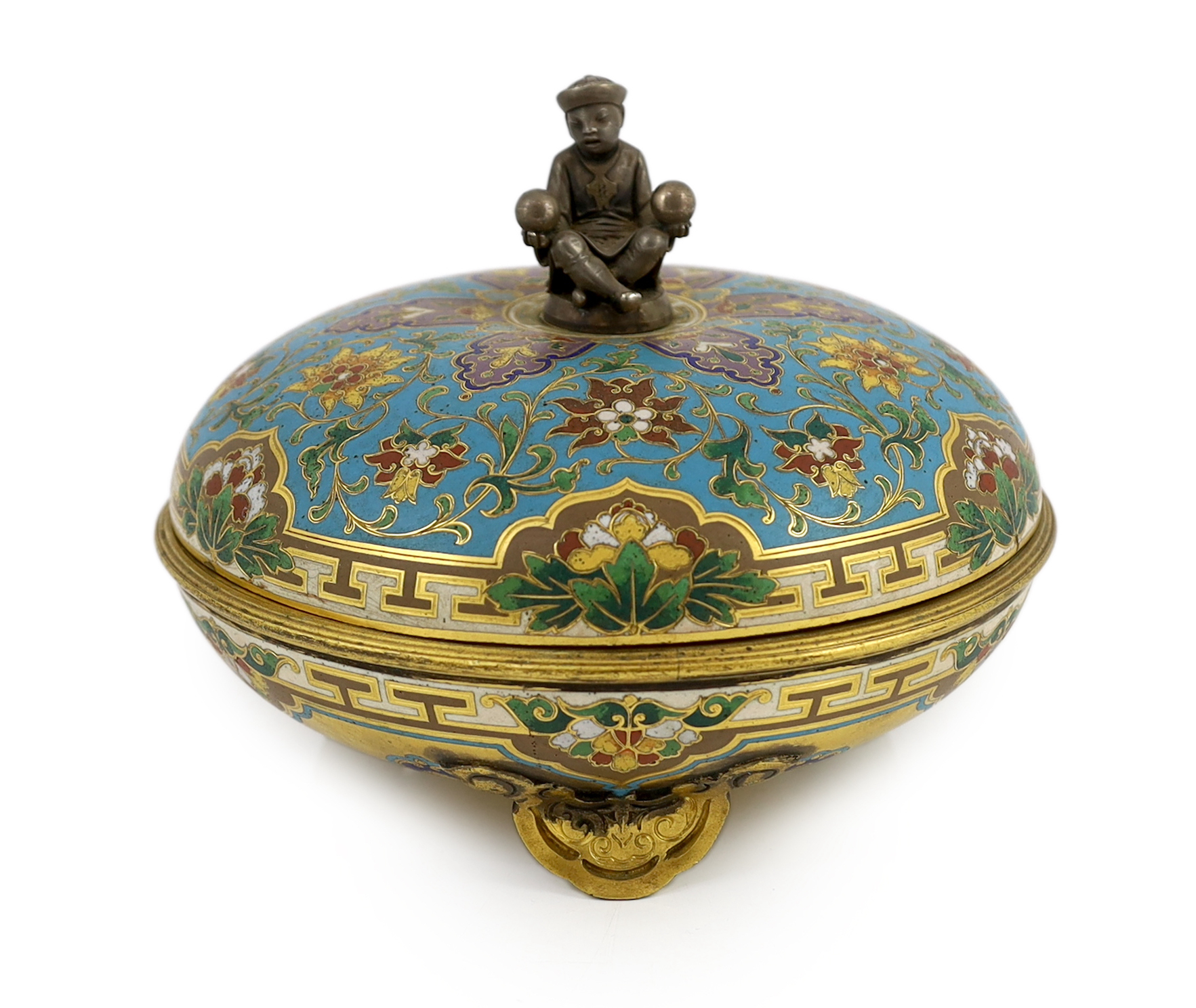 An unusual Elkington & Co. champlevé enamel chinoiserie dish and cover, c.1875, model no. 344, the