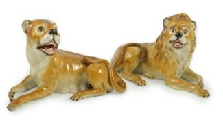 A pair of Meissen figures of a recumbent lion and lioness, 19th century, after the models by J.J.