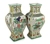 A pair of Chinese famille verte vases, fanghu, Kangxi period, the archaistic rectangular baluster