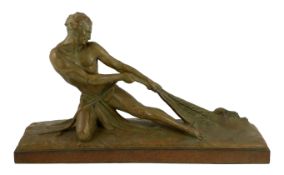 Ugo Cipriani (1887-1960). An Art Deco bronzed terracotta figure of a fisherman hauling a net