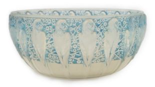 Rene Lalique, a Perruches pattern opalescent glass bowl, with blue staining to the upper band,