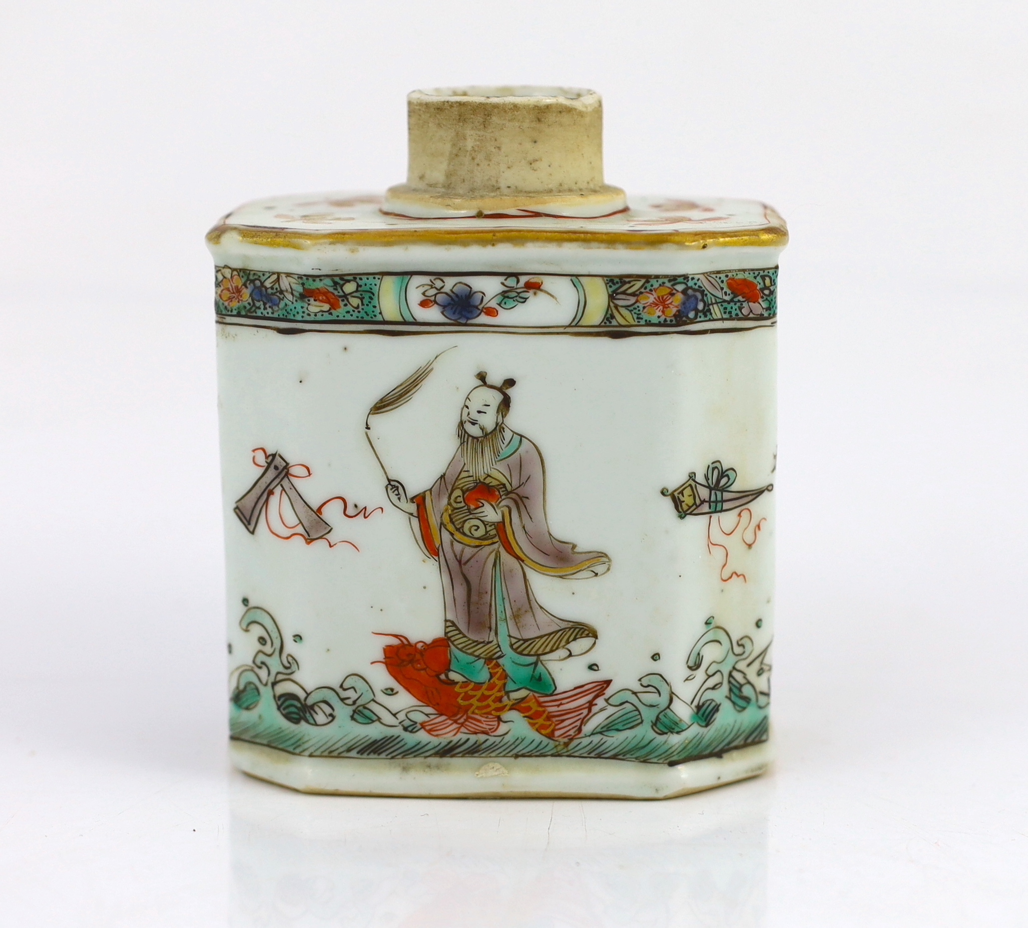 A Chinese famille verte tea caddy, Kangxi period, of canted rectangular form, painted with four - Image 2 of 6