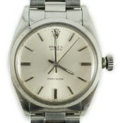 A gentleman's early 1980's stainless steel Rolex Oyster Precision manual wind wrist watch, with