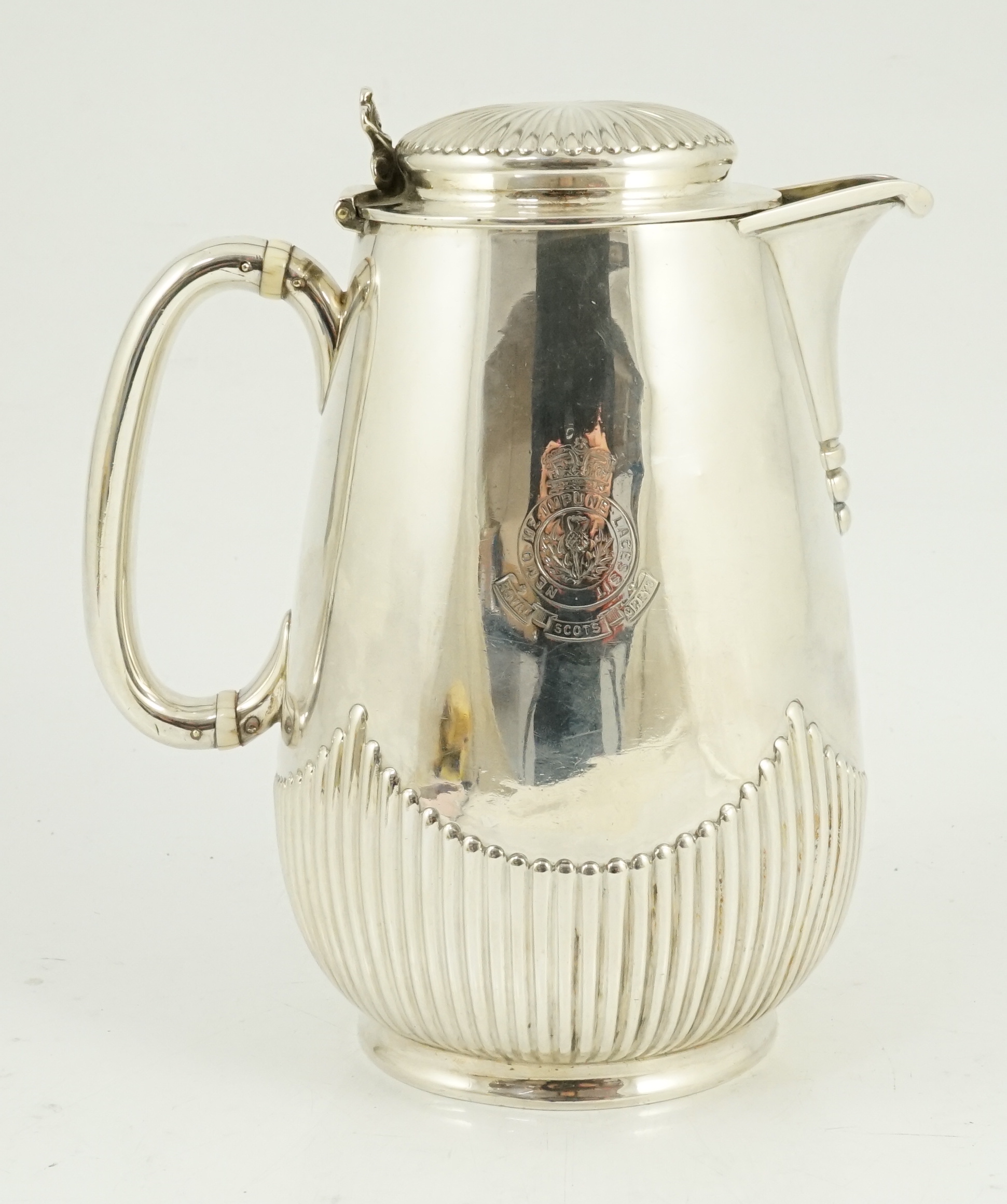 The Royal Scots Greys. A Victorian Scottish silver hotwater pot, Hamilton & Inches, Edinburgh, 1882, - Image 3 of 8
