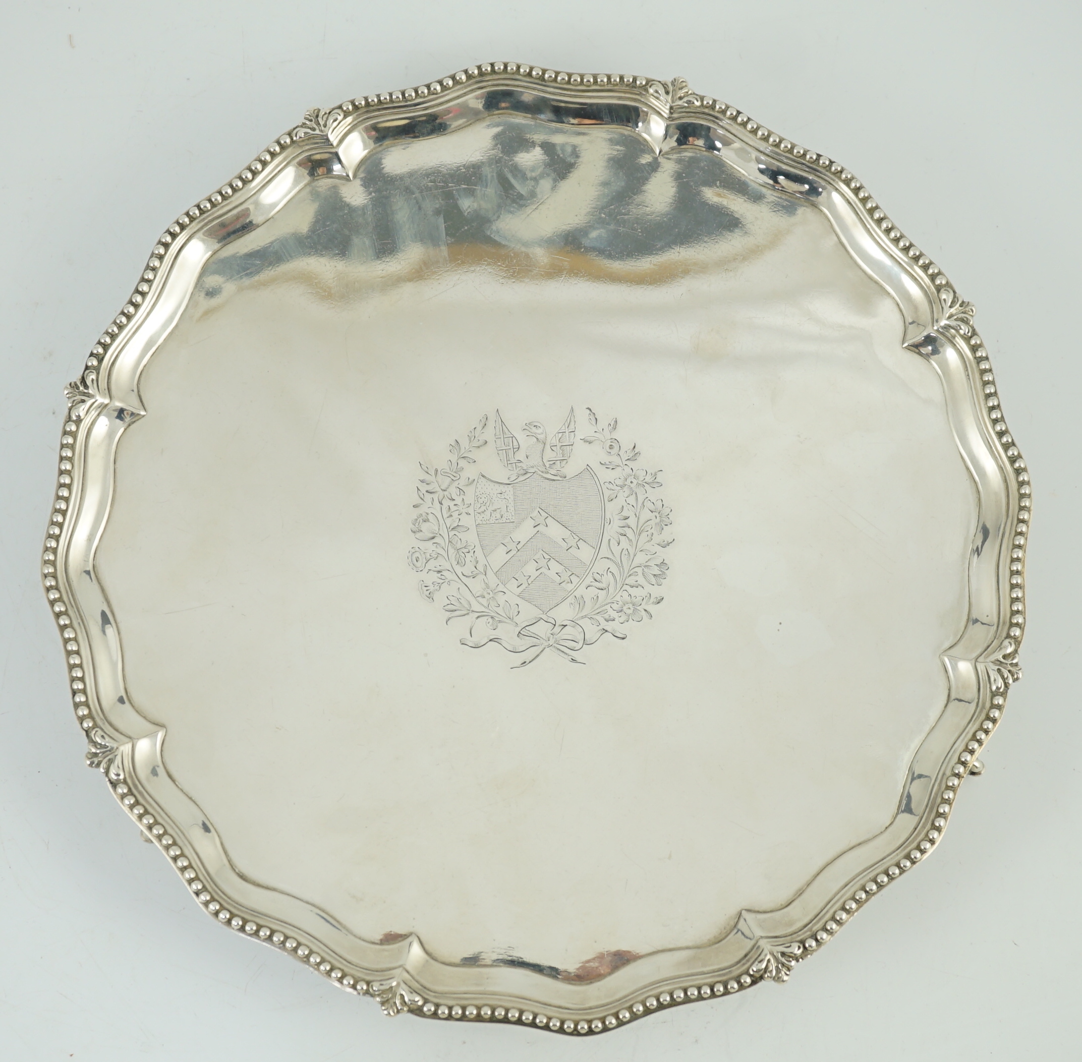 A George III silver salver, by John Crouch I and Thomas Hannam, of shaped circular form, with beaded - Image 2 of 5