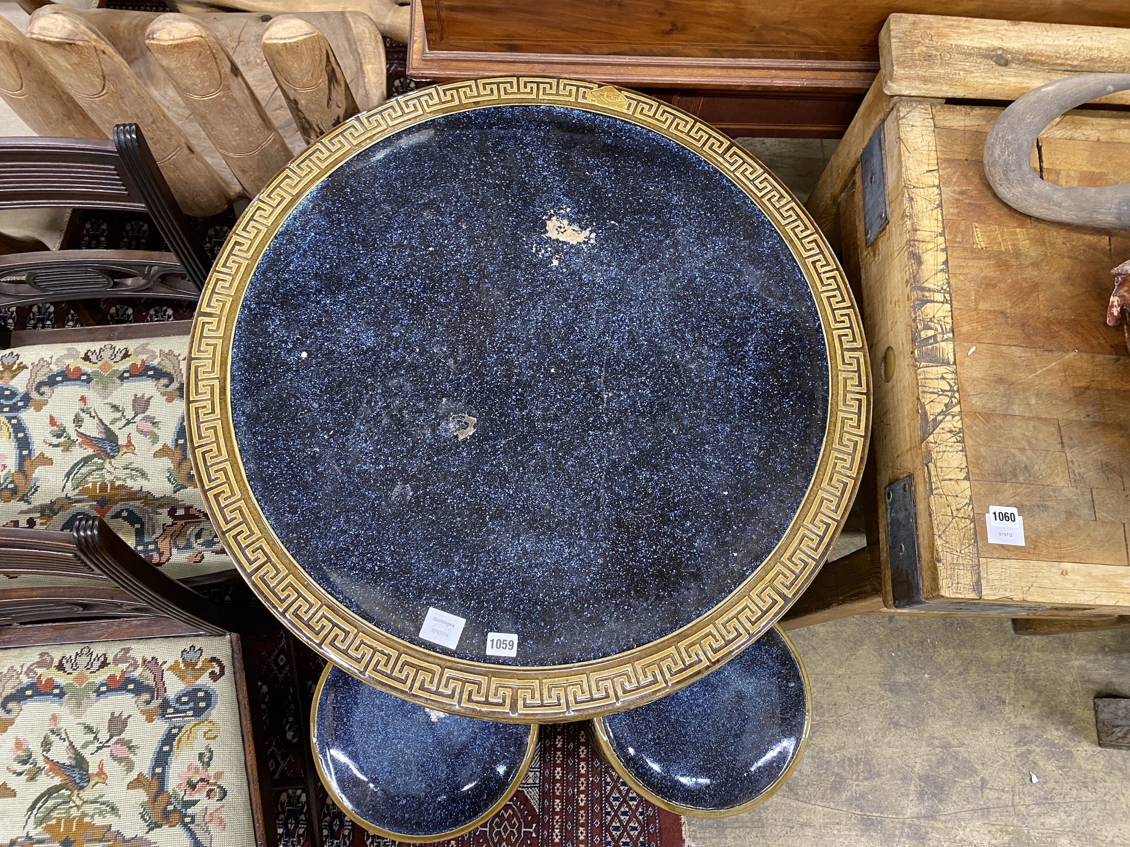 A Chinese style circular glazed earthenware garden table, diameter 80cm, height 76cm and two stools - Image 2 of 2