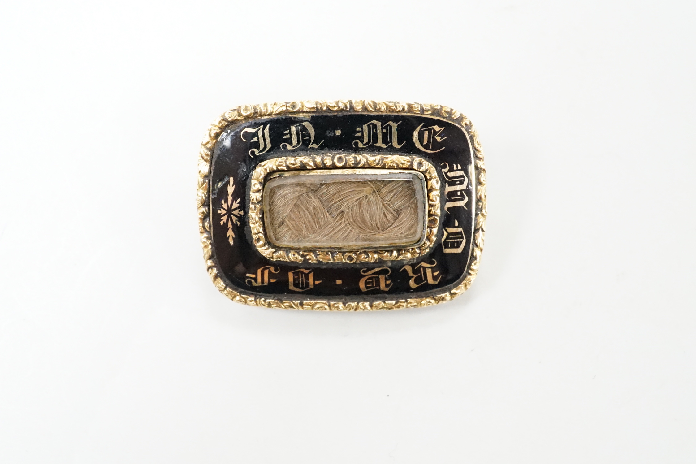 A William IV yellow metal, enamel and glazed plaited hair mourning brooch, with engraved inscription - Image 2 of 4