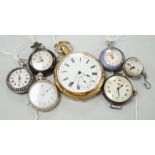 A gold plated open face pocket watch, a silver wrist watch, three fob watches including Art