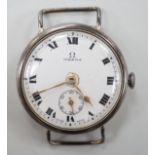 A gentleman's 1920's 925 Omega manual wind wrist watch, no strap, case diameter 32mm.