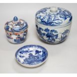 A large Chinese blue and white jar and cover, a similar jar and cover and a dish, large jar and